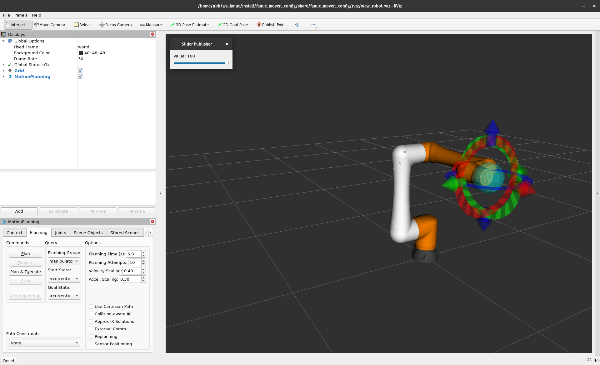 Starting RViz view after running fanuc_moveit.launch.py.