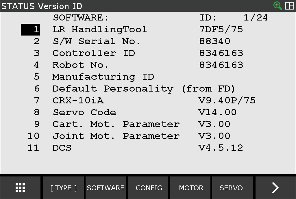 STATUS Version ID screen.